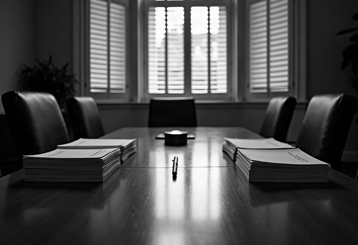 Illustrative photo: a long conference table with stacks of bound legal documents and a pen, in black and white