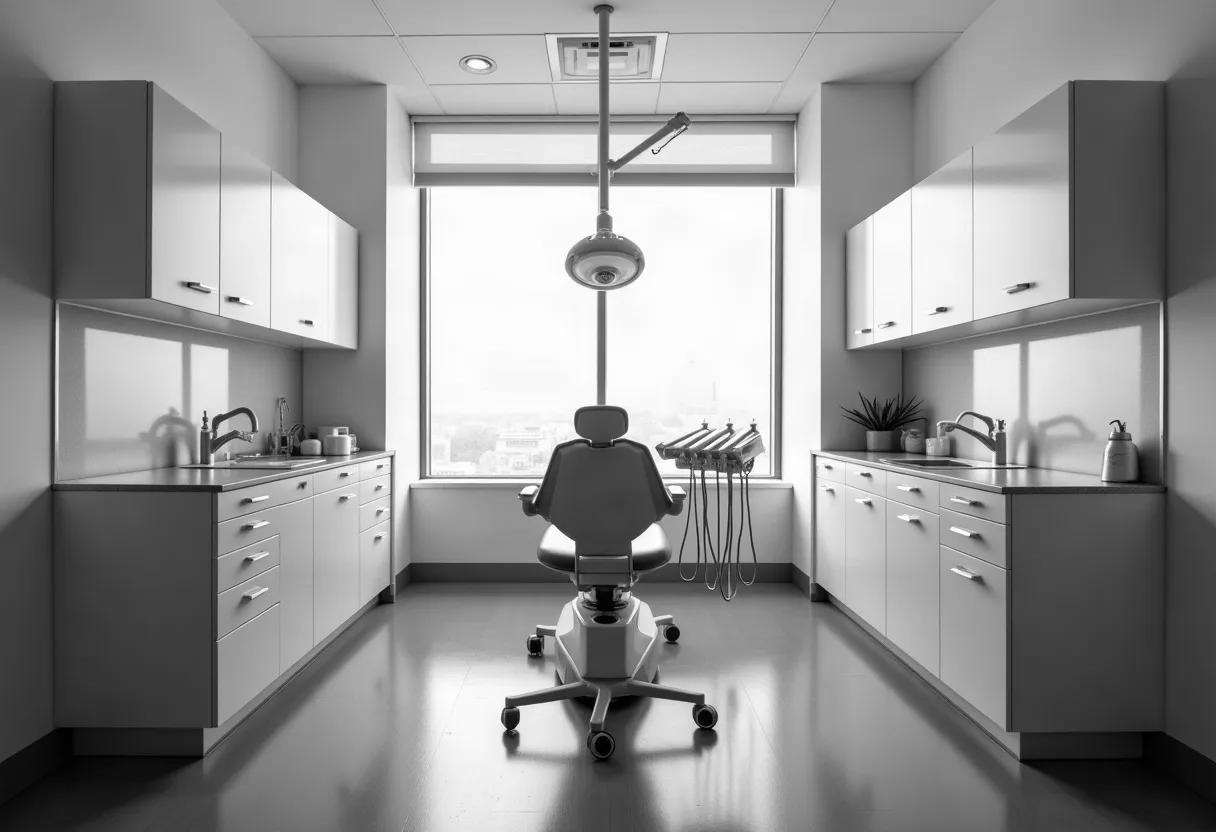 Illustrative photo: an empty dental chair under an overhead lamp in a bright treatment room, in black and white